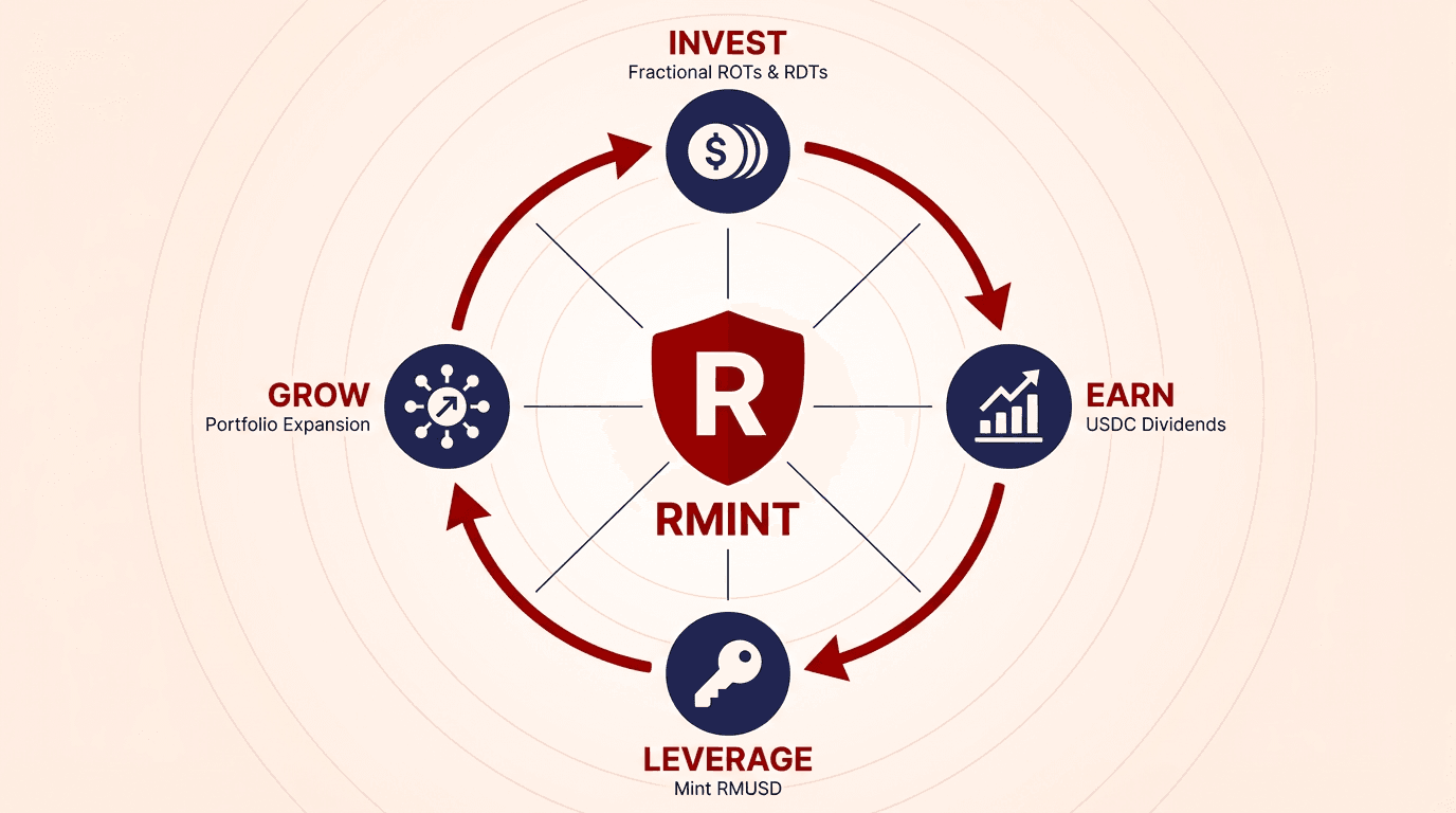 RMINT DeFi Protocol cycle: Invest, Earn, Leverage, Grow