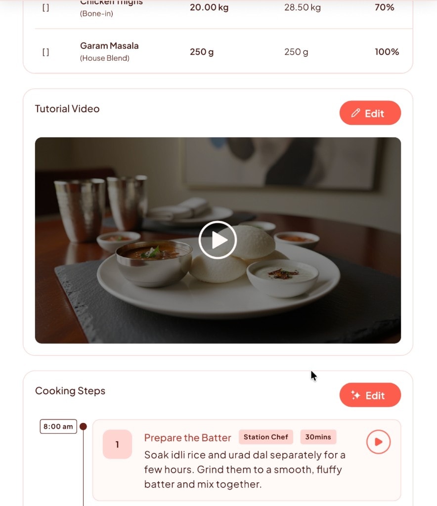 Tutorial video section showing embedded cooking video with plated Idli dish and cooking step instructions below