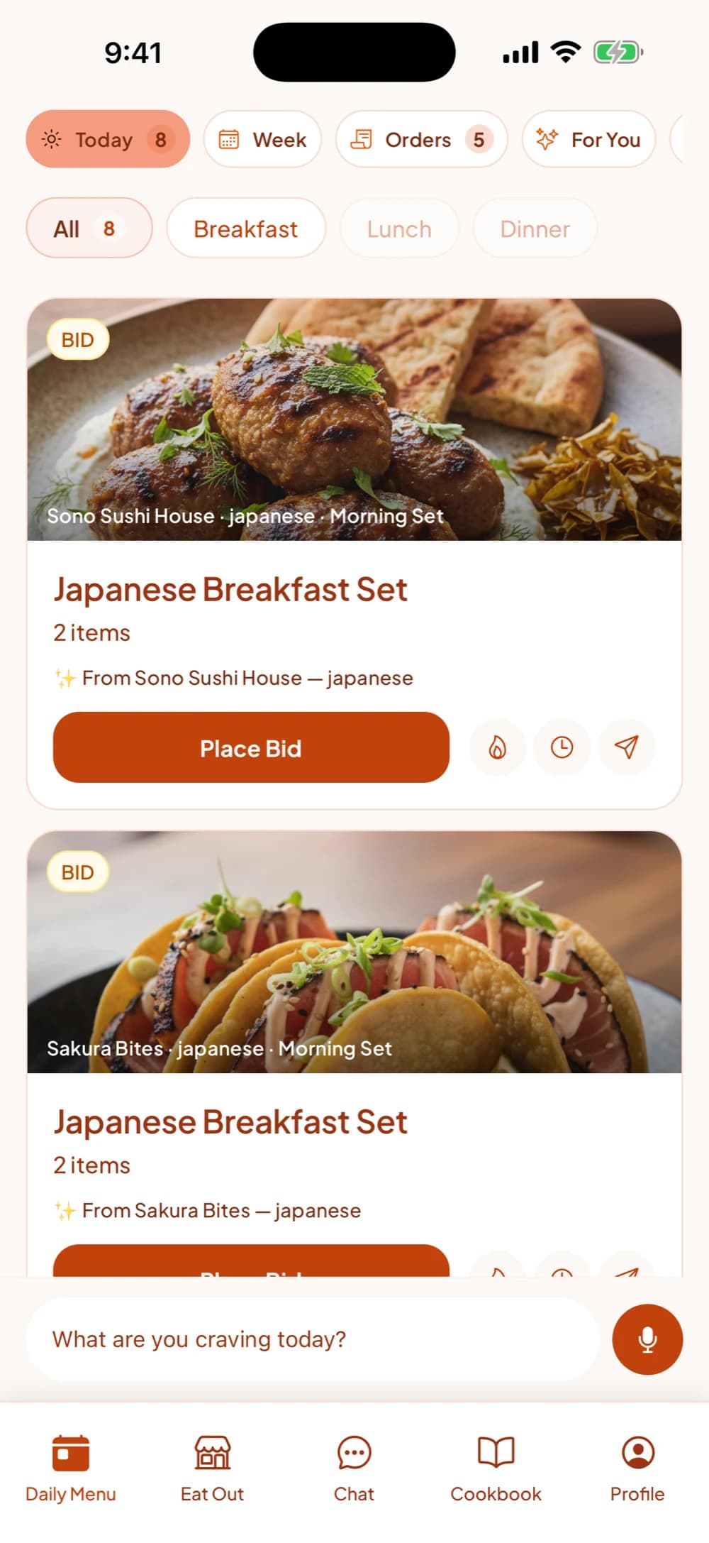 The Daily Menu tab showing scheduled menus from nearby restaurants, each with a Place Bid button