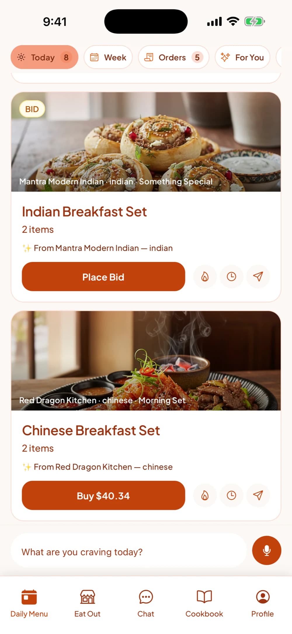Restaurants' Daily Menus in the RMINT app, one menu with Place Bid and one with Buy