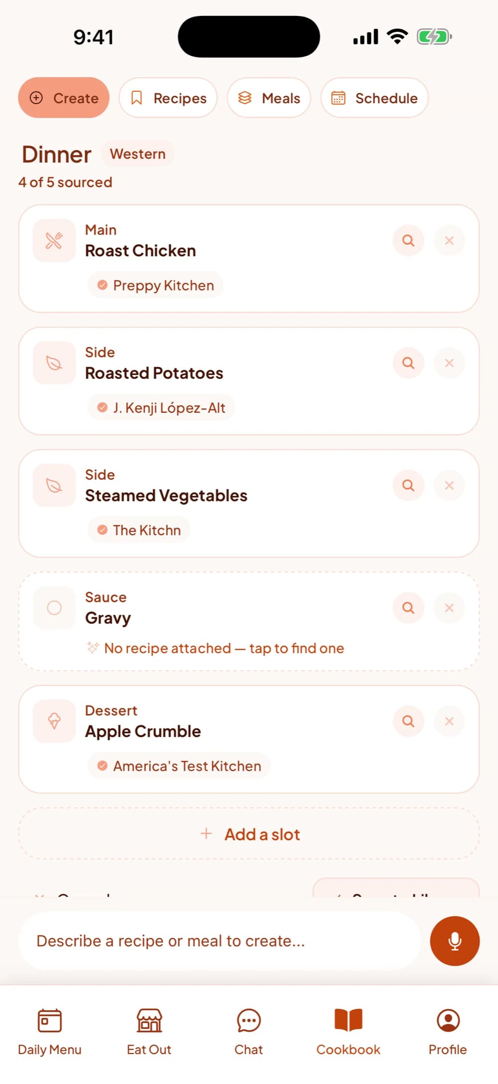 Your Cookbook in the RMINT app: a whole dinner composed from one request — main, sides, sauce and dessert